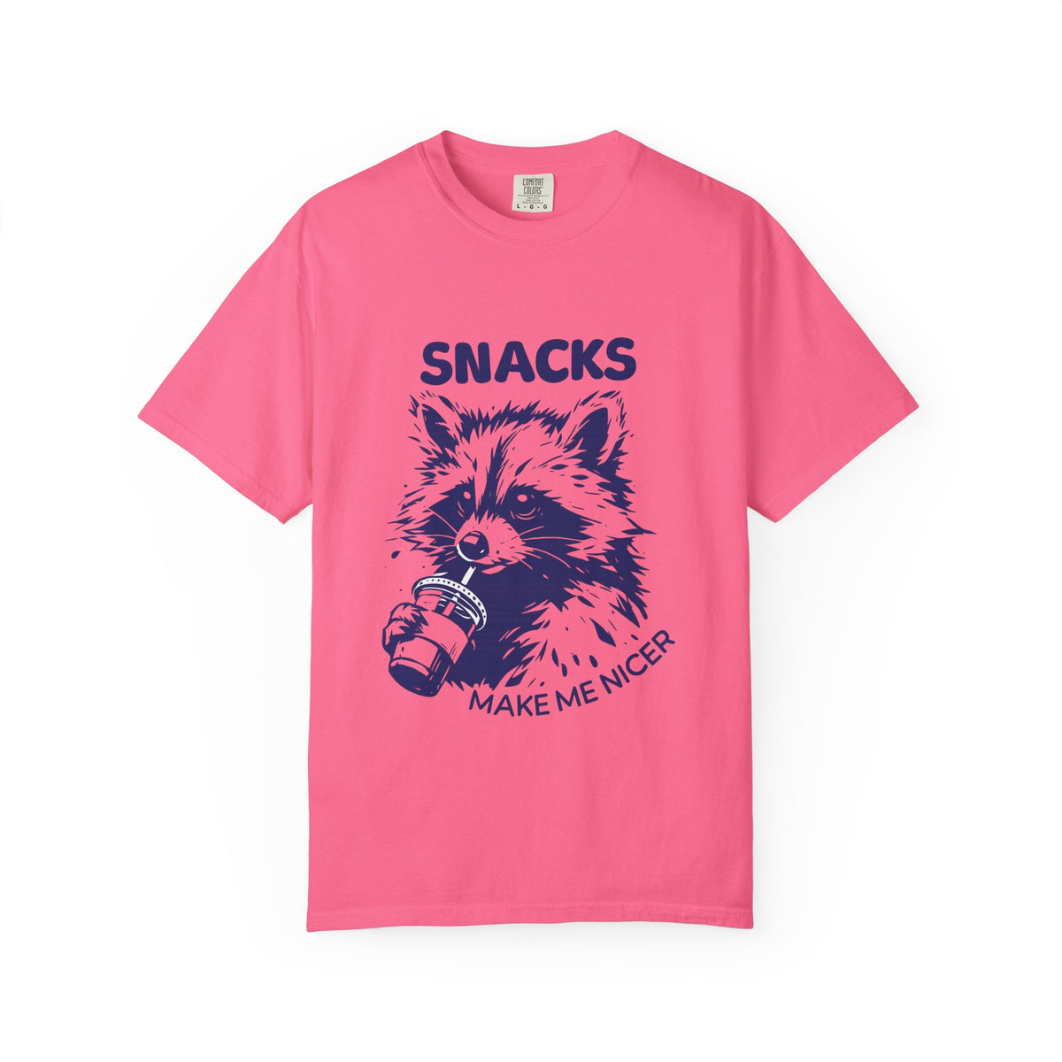 Snacks Make Me Nicer T-Shirt — Raccoon Holding Snack Graphic Tee