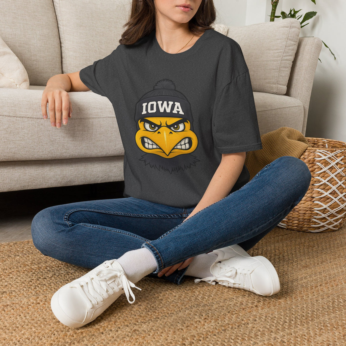 Iowa Hawkeye Beanie Mascot T-Shirt — Angry Bird College Fan Tee