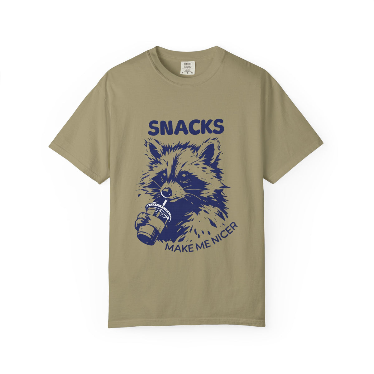 Snacks Make Me Nicer T-Shirt — Raccoon Holding Snack Graphic Tee