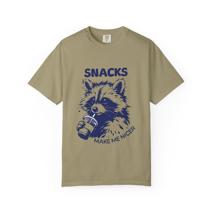 Snacks Make Me Nicer T-Shirt — Raccoon Holding Snack Graphic Tee