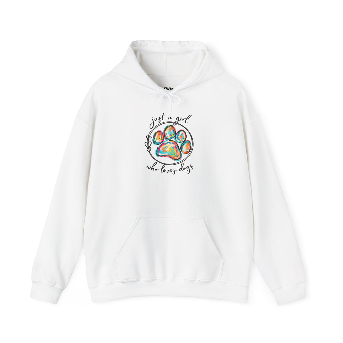 Dog Lover Hoodie — "Just a Girl Who Loves Dogs" Colorful Paw Print