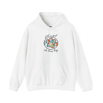 Dog Lover Hoodie — "Just a Girl Who Loves Dogs" Colorful Paw Print
