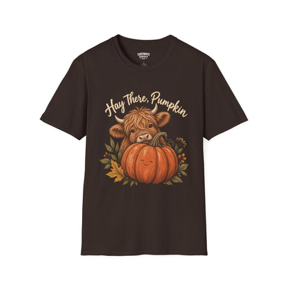 Hay There, Pumpkin Tshirt — Cute Highland Cow & Pumpkin Fall Tee