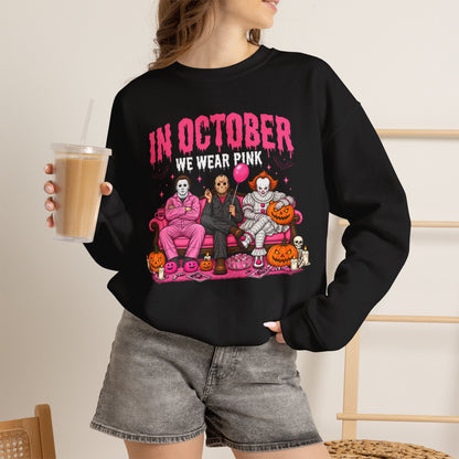 October Horror Crewneck Sweatshirt — "In October We Wear Pink" Halloween Breast Cancer Awareness