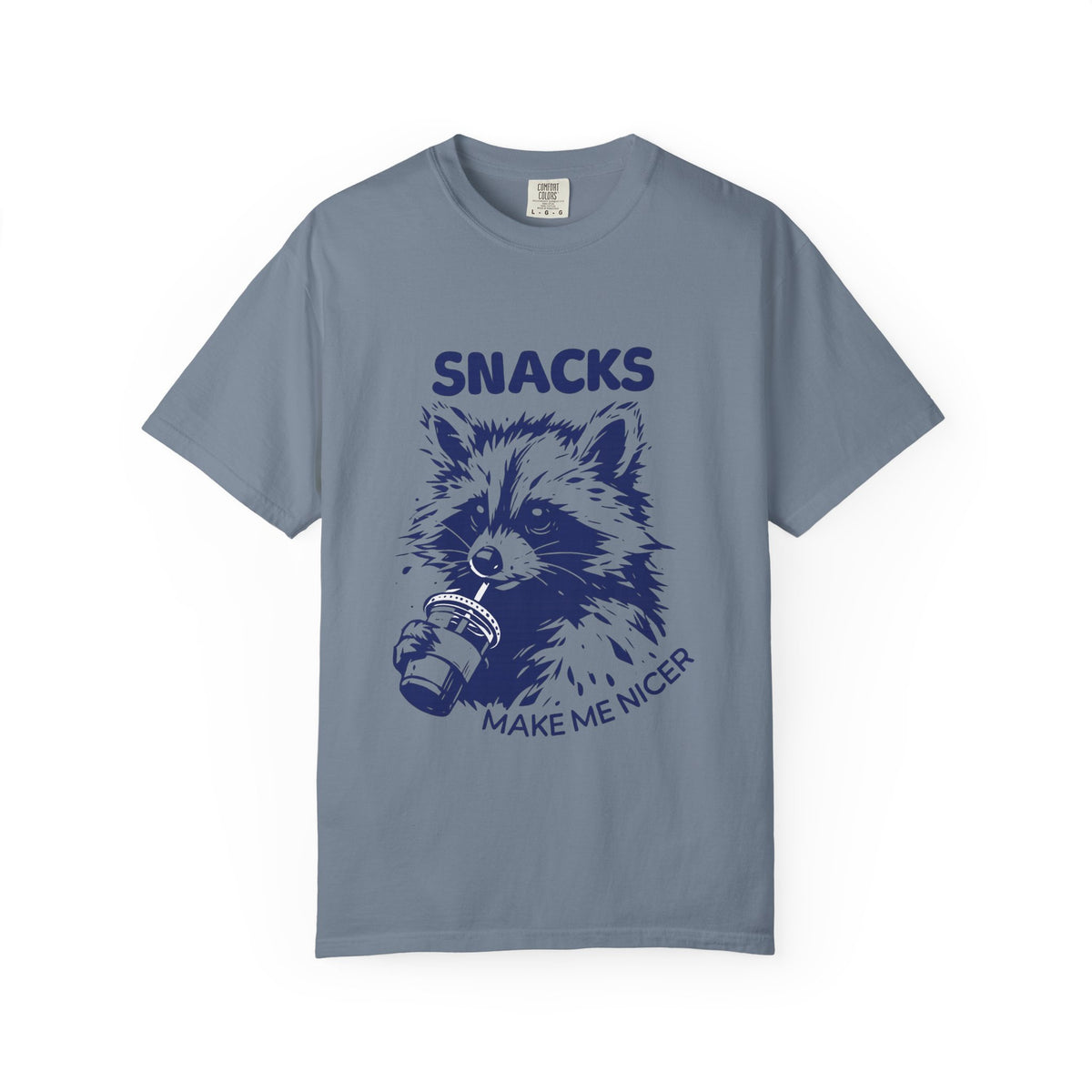 Snacks Make Me Nicer T-Shirt — Raccoon Holding Snack Graphic Tee