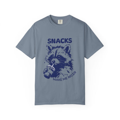Snacks Make Me Nicer T-Shirt — Raccoon Holding Snack Graphic Tee