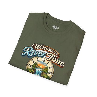 River Time T-Shirt — "Welcome to River Time" Scenic Fishing & Boating Tee