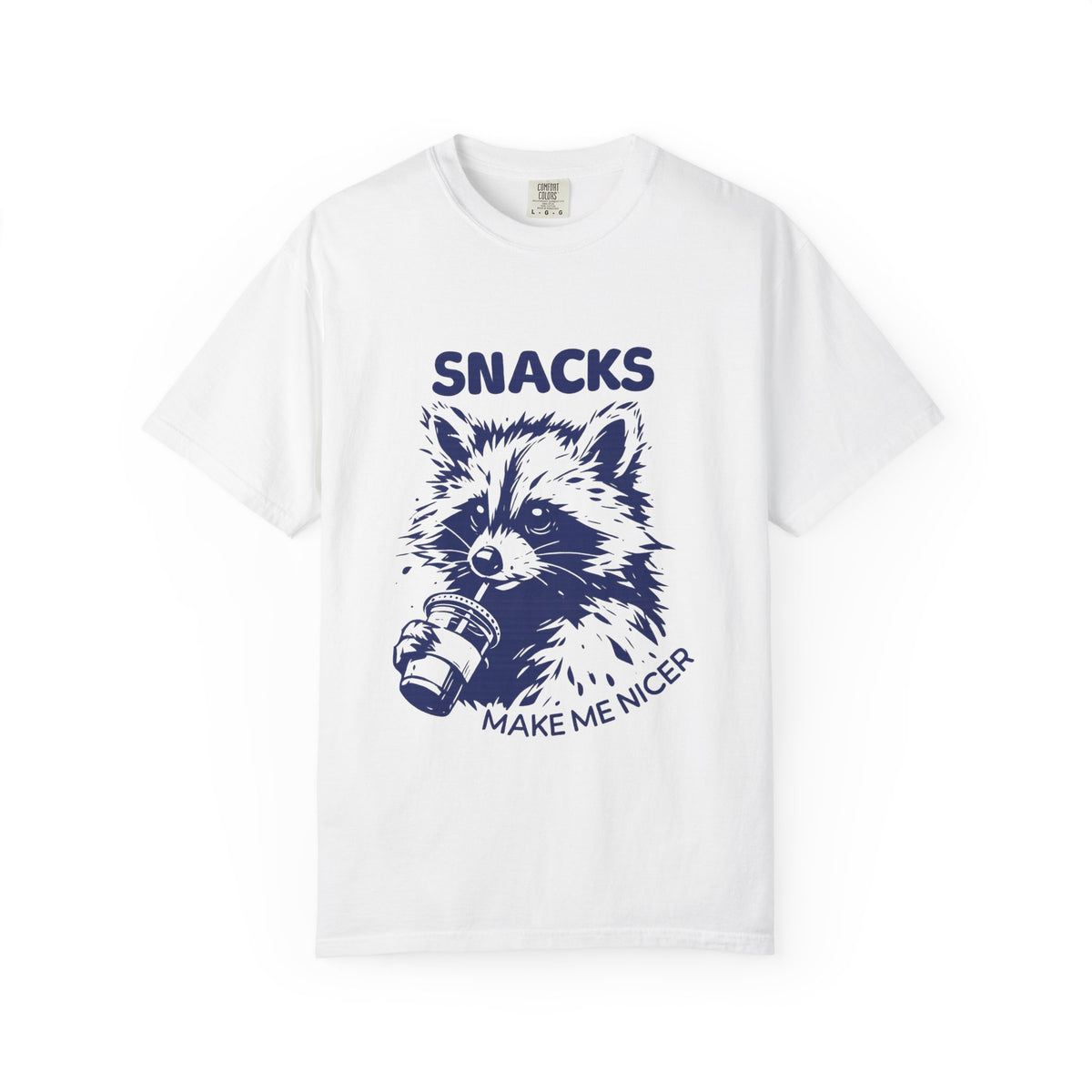 Snacks Make Me Nicer T-Shirt — Raccoon Holding Snack Graphic Tee