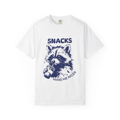 Snacks Make Me Nicer T-Shirt — Raccoon Holding Snack Graphic Tee