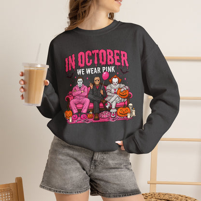 October Horror Crewneck Sweatshirt — "In October We Wear Pink" Halloween Breast Cancer Awareness