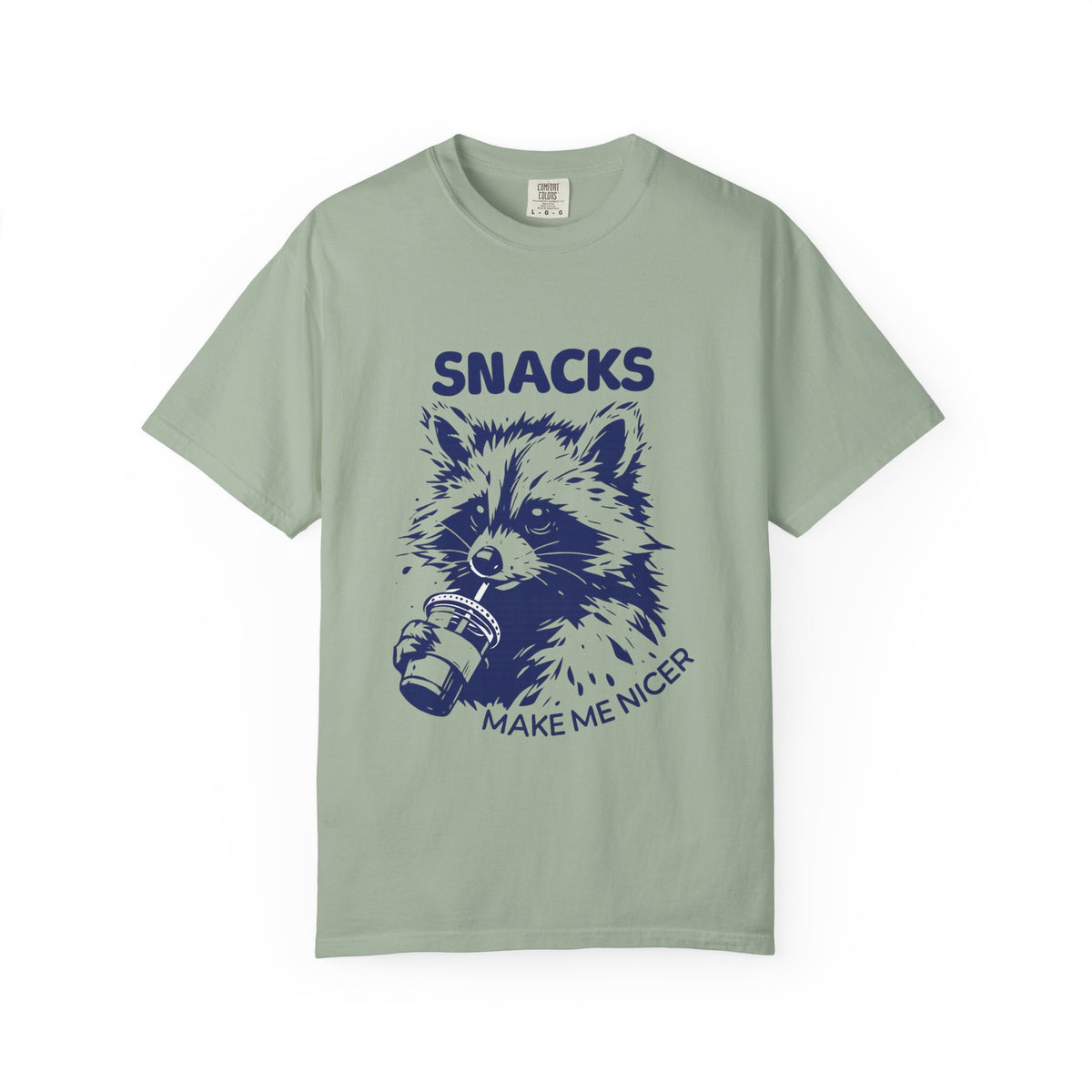 Snacks Make Me Nicer T-Shirt — Raccoon Holding Snack Graphic Tee