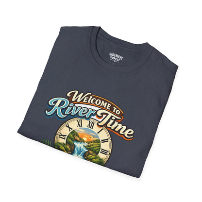 River Time T-Shirt — "Welcome to River Time" Scenic Fishing & Boating Tee