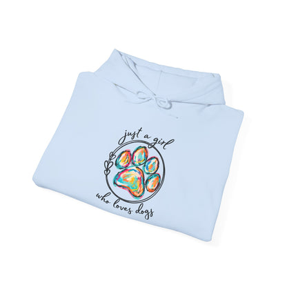 Dog Lover Hoodie — "Just a Girl Who Loves Dogs" Colorful Paw Print