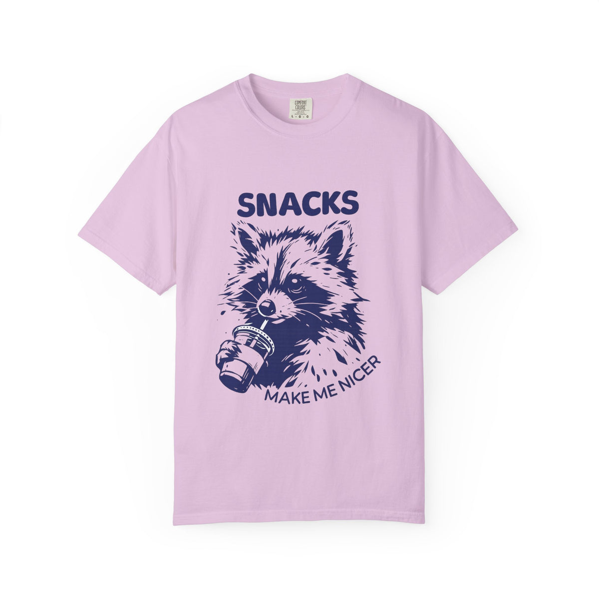 Snacks Make Me Nicer T-Shirt — Raccoon Holding Snack Graphic Tee