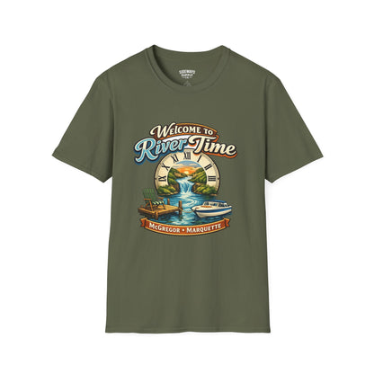 River Time T-Shirt — "Welcome to River Time" Scenic Fishing & Boating Tee