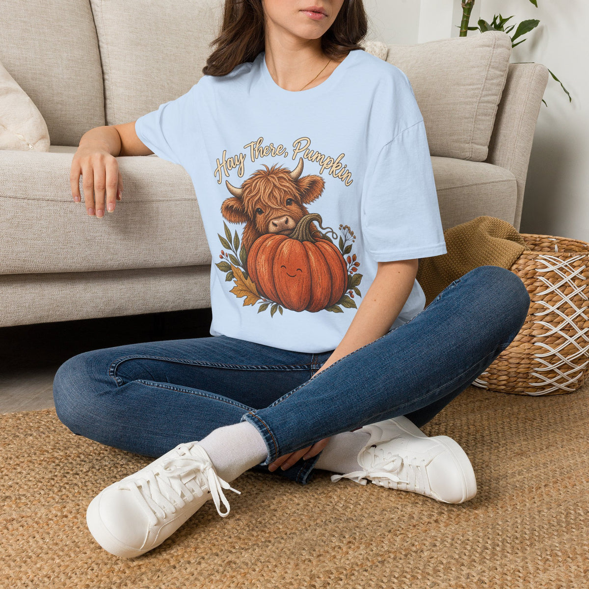 Hay There, Pumpkin Tshirt — Cute Highland Cow & Pumpkin Fall Tee