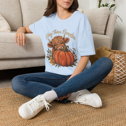 Hay There, Pumpkin Tshirt — Cute Highland Cow & Pumpkin Fall Tee