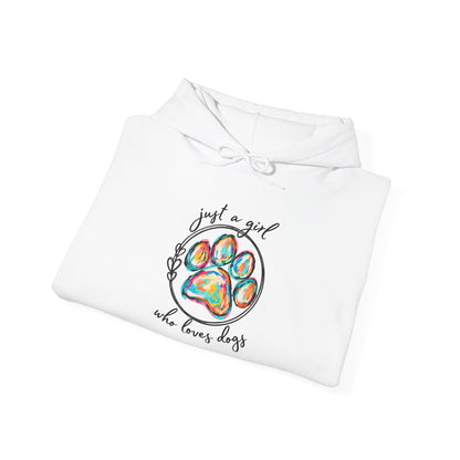 Dog Lover Hoodie — "Just a Girl Who Loves Dogs" Colorful Paw Print