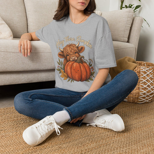 Hay There, Pumpkin Tshirt — Cute Highland Cow & Pumpkin Fall Tee
