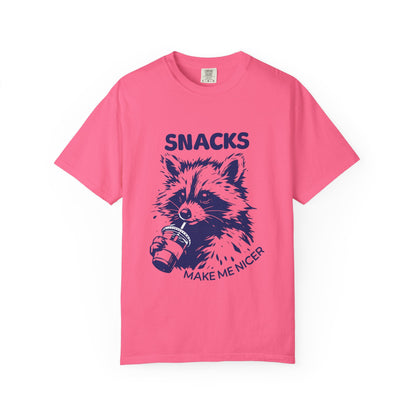 Snacks Make Me Nicer T-Shirt — Raccoon Holding Snack Graphic Tee