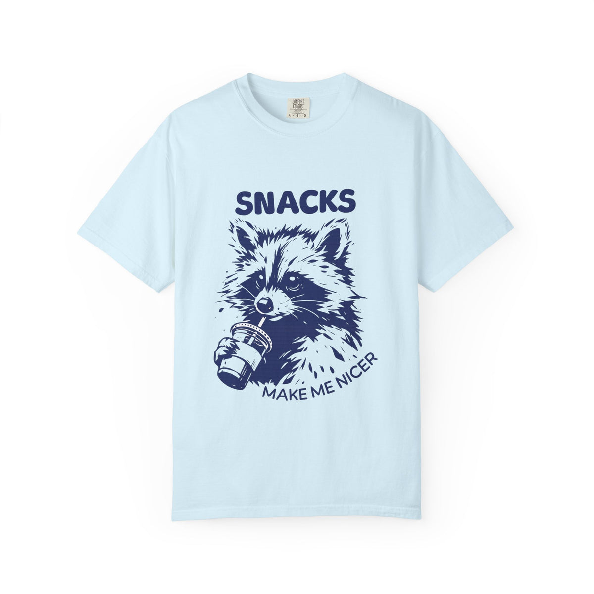Snacks Make Me Nicer T-Shirt — Raccoon Holding Snack Graphic Tee