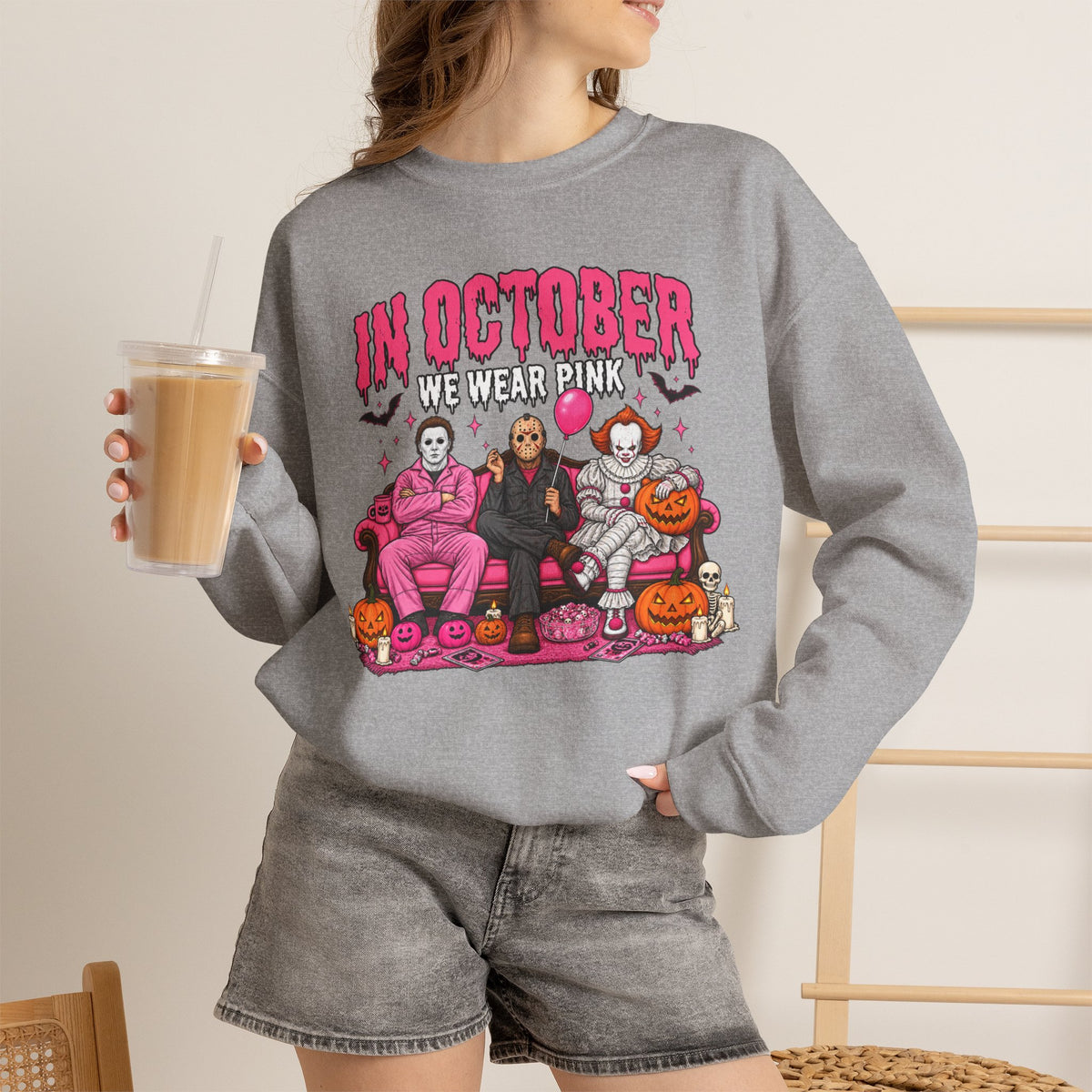 October Horror Crewneck Sweatshirt — "In October We Wear Pink" Halloween Breast Cancer Awareness