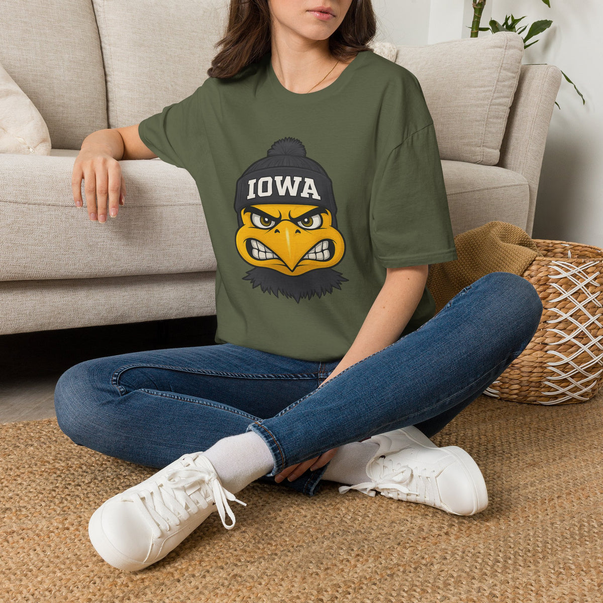 Iowa Hawkeye Beanie Mascot T-Shirt — Angry Bird College Fan Tee