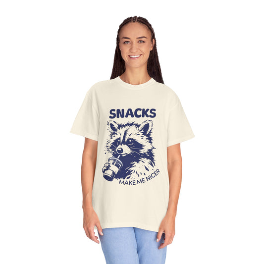 Snacks Make Me Nicer T-Shirt — Raccoon Holding Snack Graphic Tee