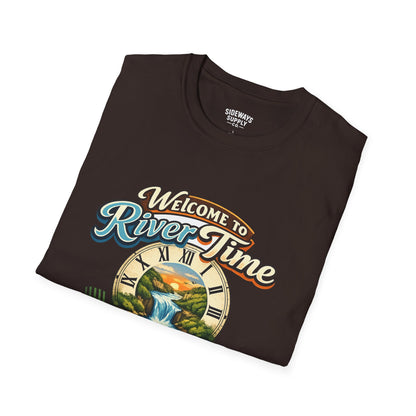 River Time T-Shirt — "Welcome to River Time" Scenic Fishing & Boating Tee