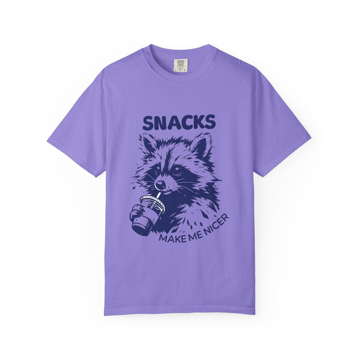 Snacks Make Me Nicer T-Shirt — Raccoon Holding Snack Graphic Tee