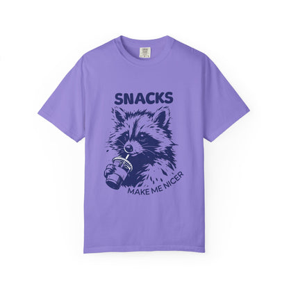 Snacks Make Me Nicer T-Shirt — Raccoon Holding Snack Graphic Tee