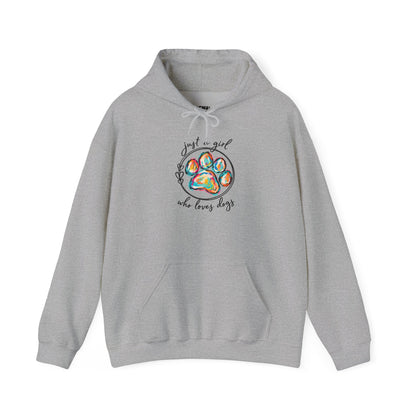 Dog Lover Hoodie — "Just a Girl Who Loves Dogs" Colorful Paw Print