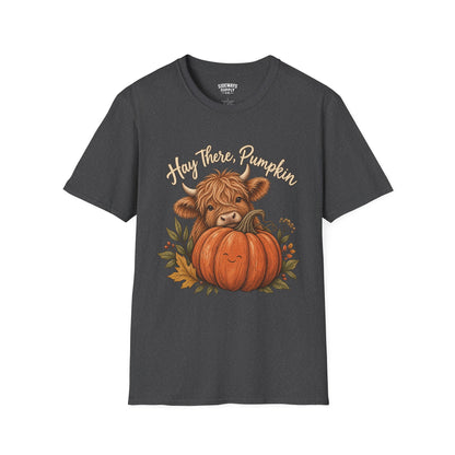 Hay There, Pumpkin Tshirt — Cute Highland Cow & Pumpkin Fall Tee