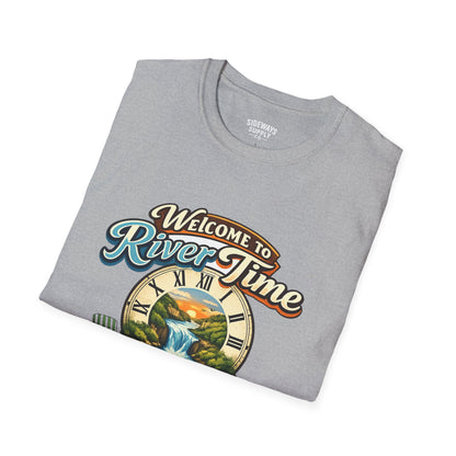 River Time T-Shirt — "Welcome to River Time" Scenic Fishing & Boating Tee