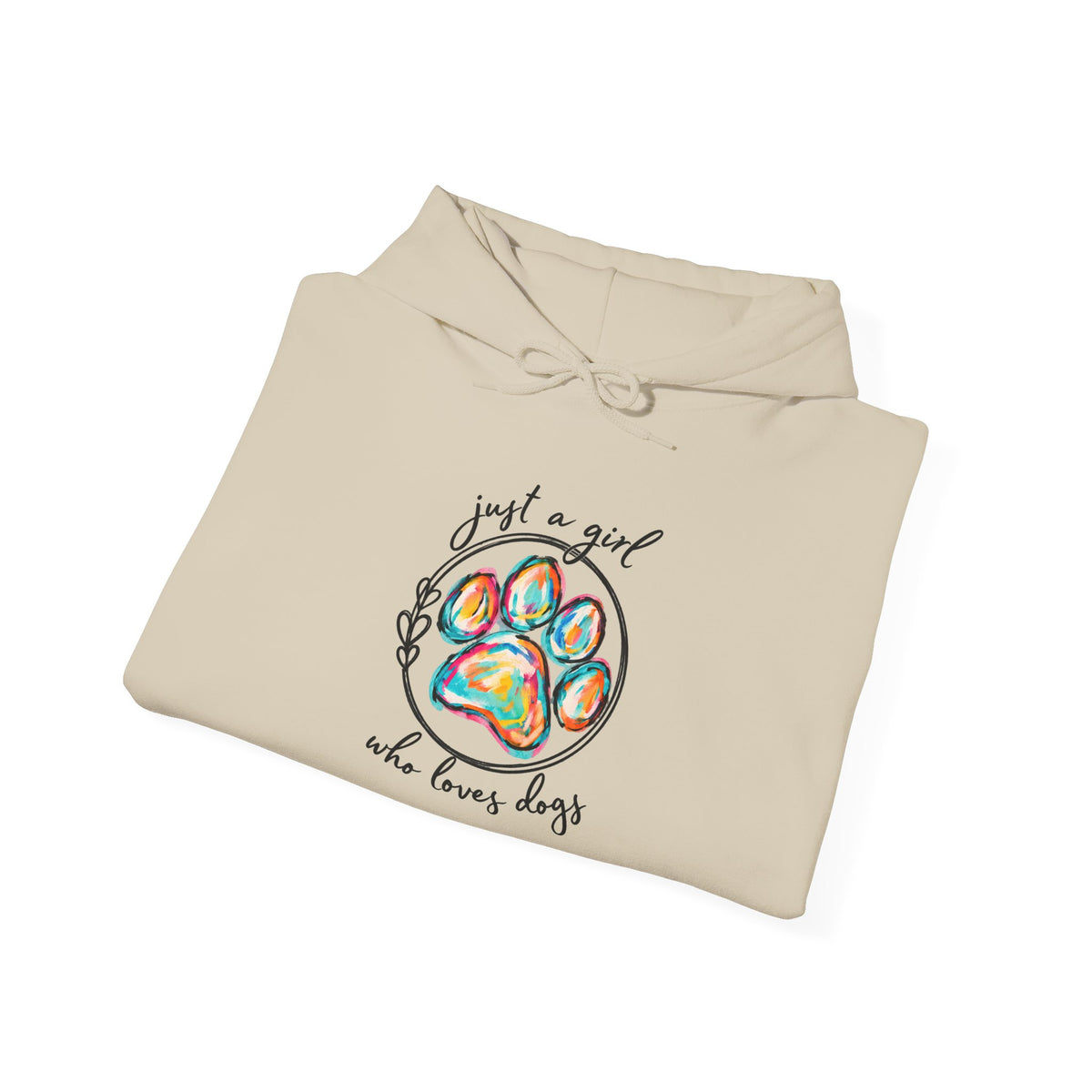 Dog Lover Hoodie — "Just a Girl Who Loves Dogs" Colorful Paw Print