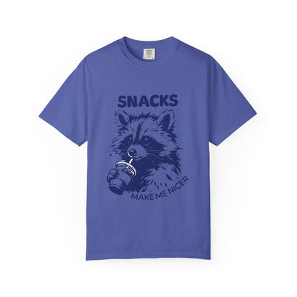 Snacks Make Me Nicer T-Shirt — Raccoon Holding Snack Graphic Tee