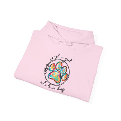 Dog Lover Hoodie — "Just a Girl Who Loves Dogs" Colorful Paw Print