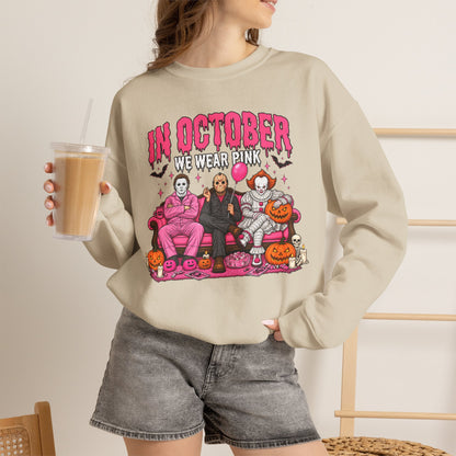 October Horror Crewneck Sweatshirt — "In October We Wear Pink" Halloween Breast Cancer Awareness