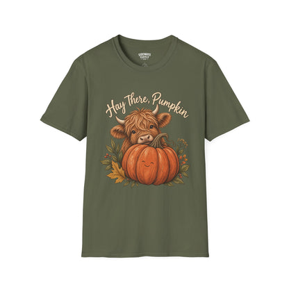Hay There, Pumpkin Tshirt — Cute Highland Cow & Pumpkin Fall Tee