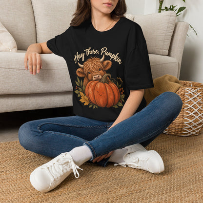 Hay There, Pumpkin Tshirt — Cute Highland Cow & Pumpkin Fall Tee