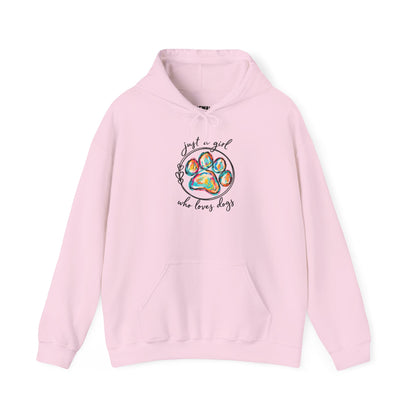 Dog Lover Hoodie — "Just a Girl Who Loves Dogs" Colorful Paw Print