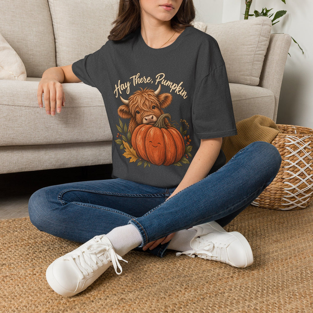 Hay There, Pumpkin Tshirt — Cute Highland Cow & Pumpkin Fall Tee