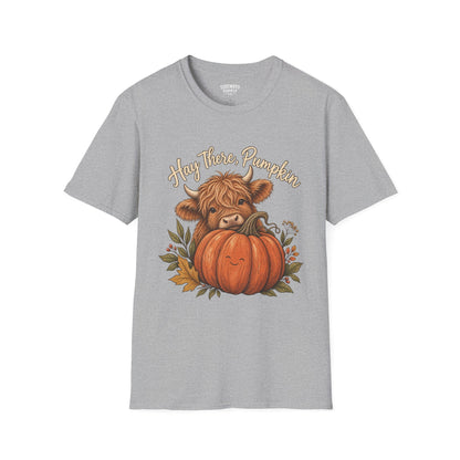 Hay There, Pumpkin Tshirt — Cute Highland Cow & Pumpkin Fall Tee